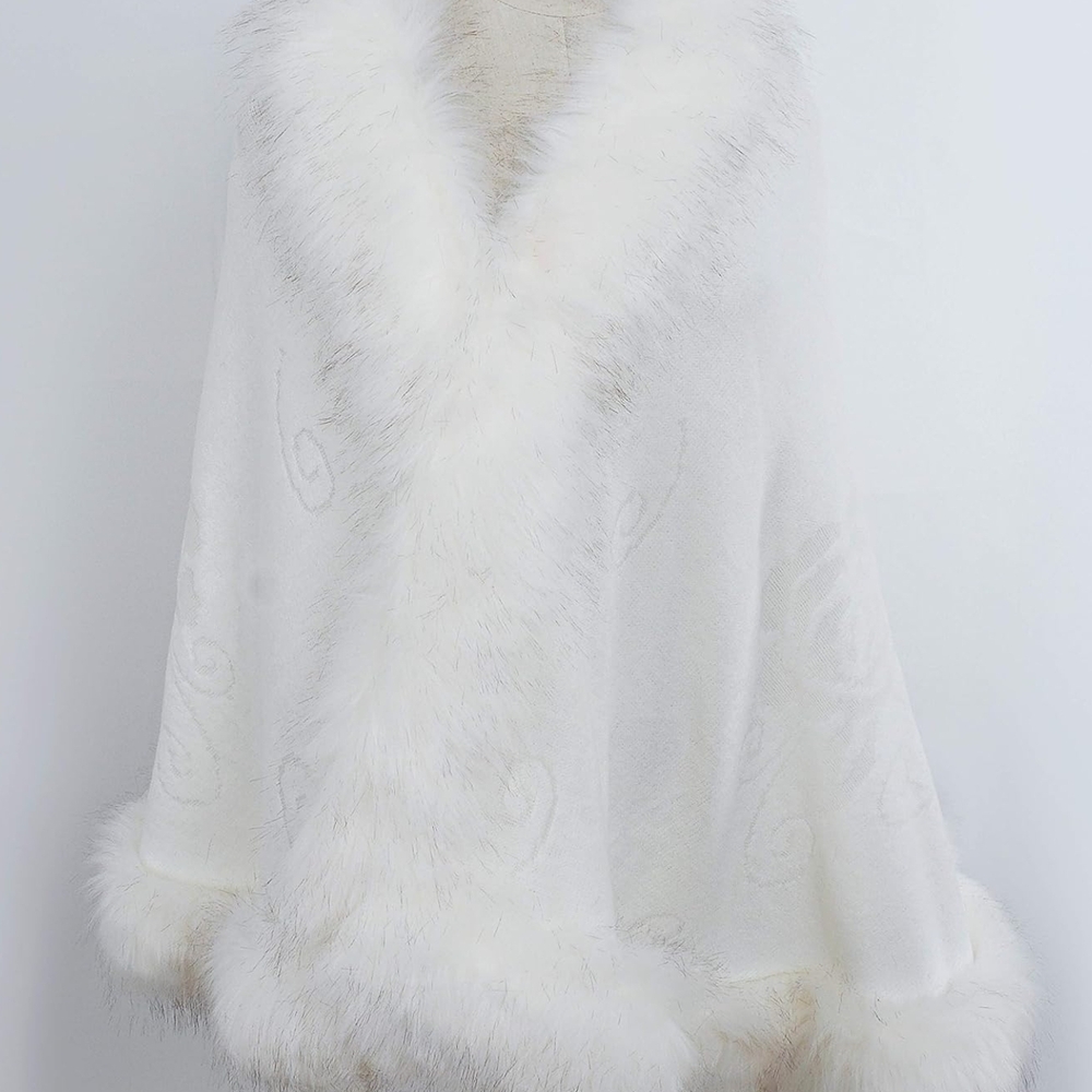 Elegant White Faux Fur Trim Cape